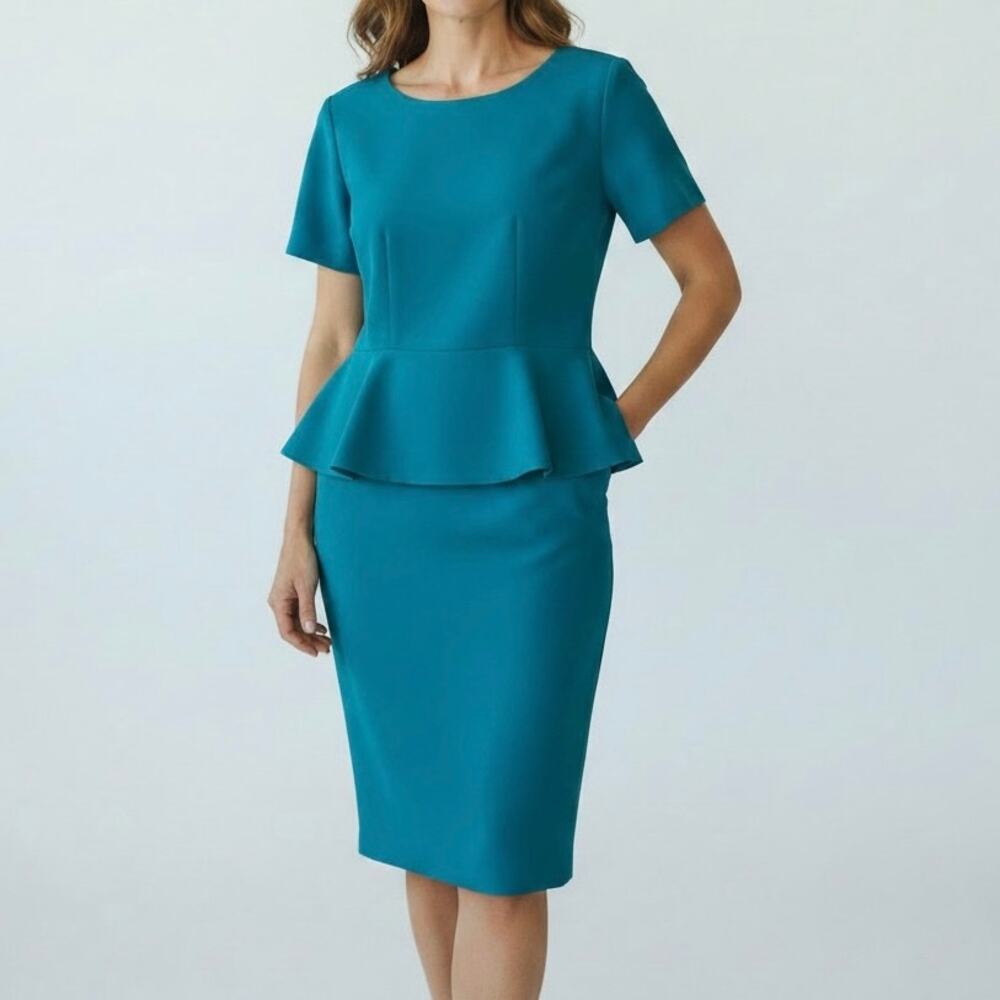 Lafayette 148 Teal Blue Short Sleeve Peplum Shift Dress Career Designer Size 10